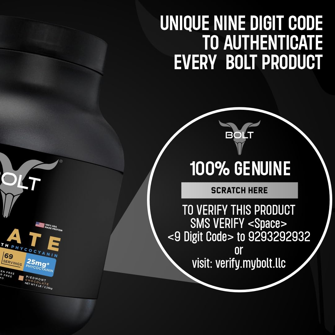 BOLT Nutrition Whey Isolate Protein Powder | With Superfood PHYCOCYANIN | USA Formulation & Origin | For Muscle Strength & Bone Health | 5LB/2.26kg (69 Servings)  - Thumbnail